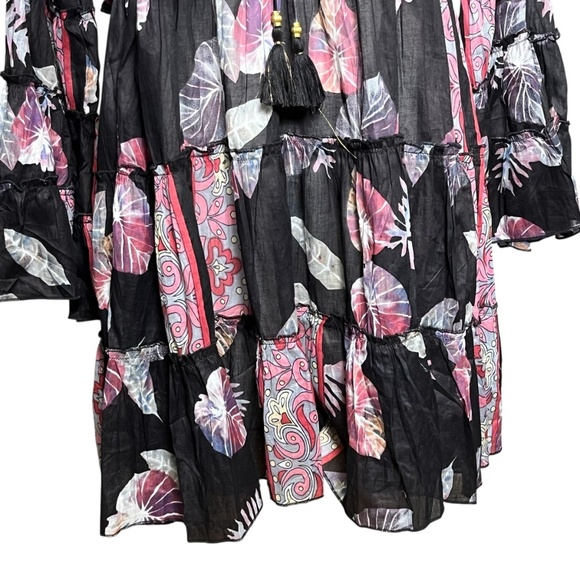Zury Calypso Printed Boho Dress Cotton Black Pink Tie Front Tiered One Size - Picture 3 of 8